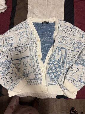 MAN White & Light Blue Graphic Button-Front Cardigan